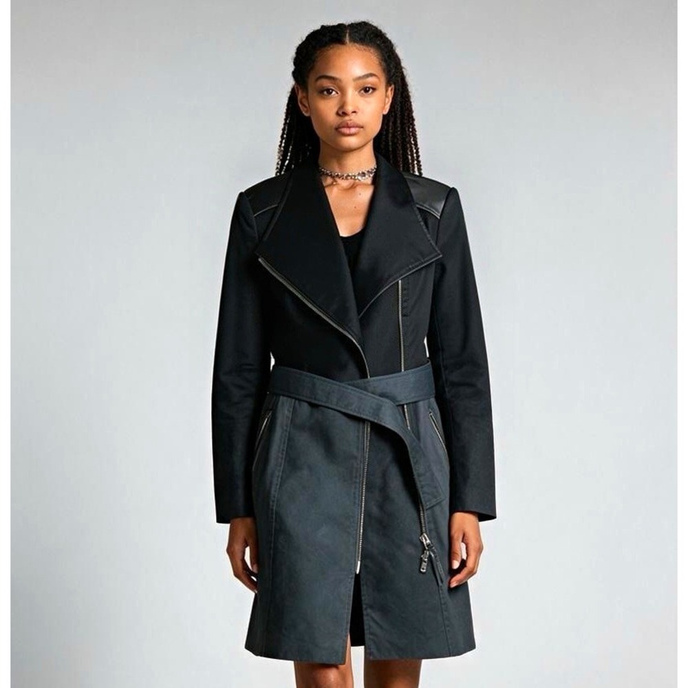 Mackage Womens Small Black Belted Trench Coat Leather Trim Asymmetric Zip